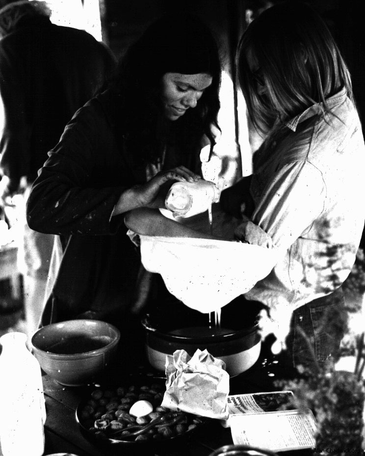 Adrienne Borg and Sue Bolton make yoghurt at the Saratoga Community Garden, ca 1973