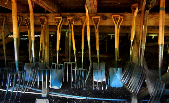 Tool storage under the chalet in the Alan Chadwick Garden at UCSC