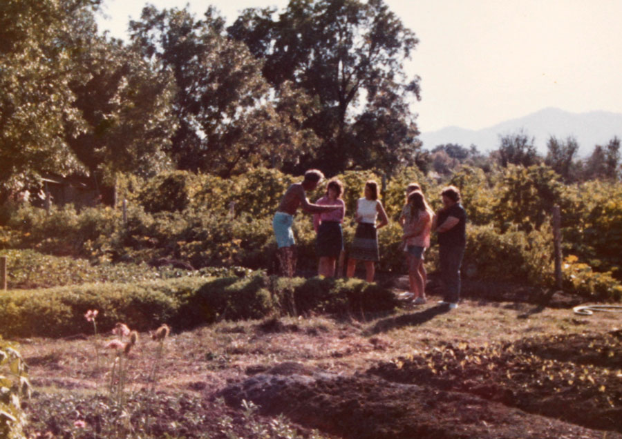 Alan Chadwick greets visitors at the Covelo garden